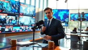 Capture breaking news updates at https://www.slavicsac.com with a journalist in a bustling newsroom.