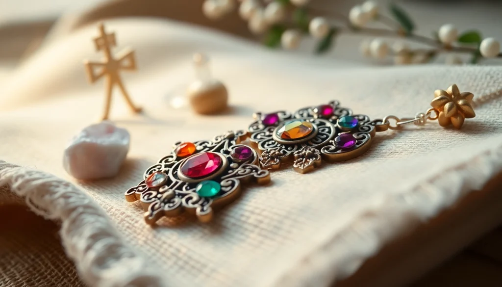 Showcasing spiritual jewelry with intricate designs and vibrant gemstones illuminating its beauty.