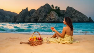 Couple enjoying Cabo Travel & Tourism on a picturesque sunset picnic by the beach.