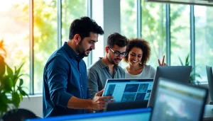Team collaborating on web design strategies at https://wpedition.com in a bright, modern workspace.