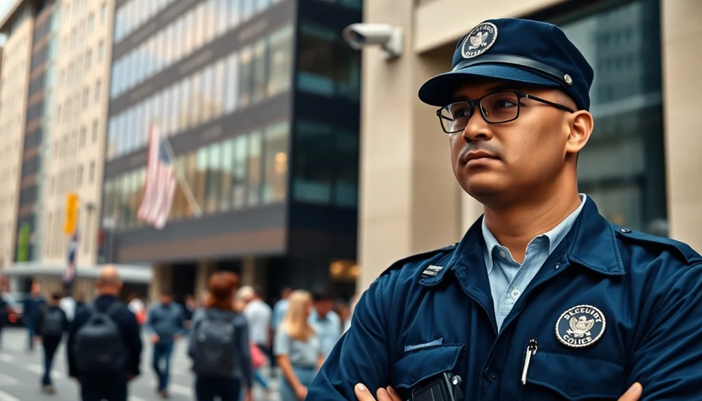 Security Guards protecting a cityscape, showcasing vigilance and professionalism in an urban environment.