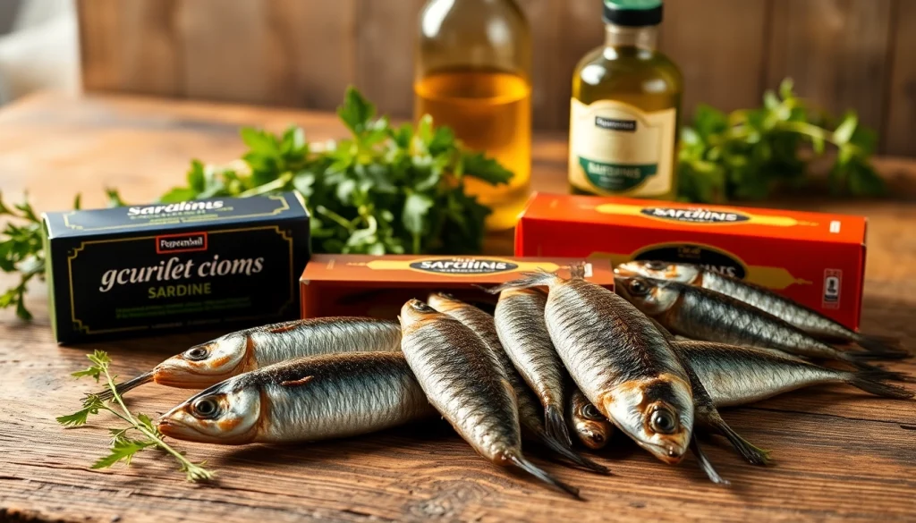 Disfruta sardianas gourmet en un atractivo arreglo de pesca con aceite de oliva y hierbas frescas.