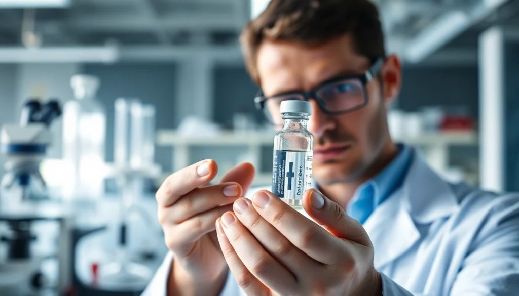 Research peptides being analyzed by a professional researcher in a lab setting.