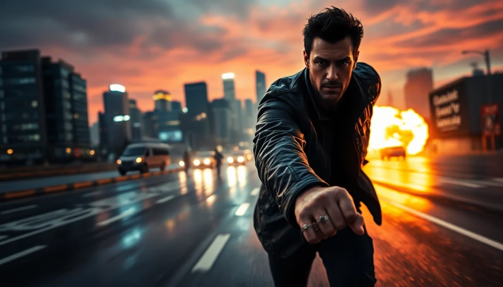 Engaging scene from an action-packed thriller showcasing a determined hero in an urban chase.