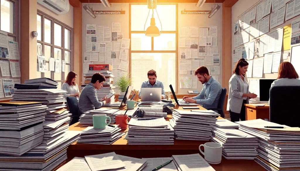 Journalists collaborating in a lively newsroom for thephoenixnewspaper, surrounded by news articles.