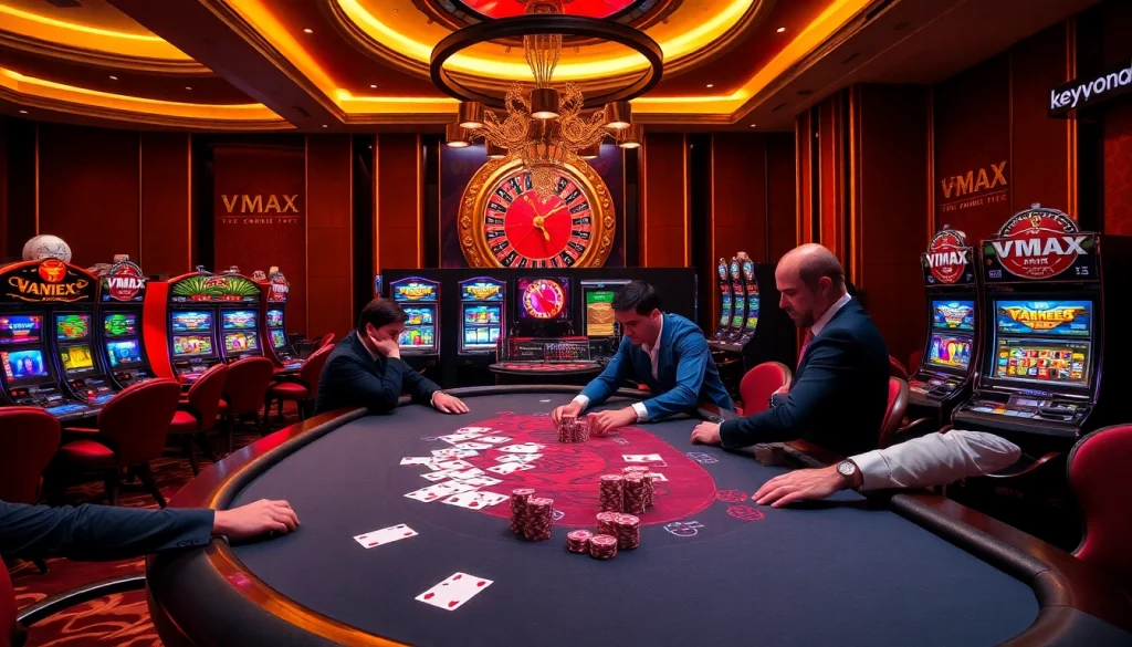 Experience the thrill of Vmax with professional poker players and vibrant casino lights.