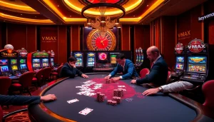 Experience the thrill of Vmax with professional poker players and vibrant casino lights.