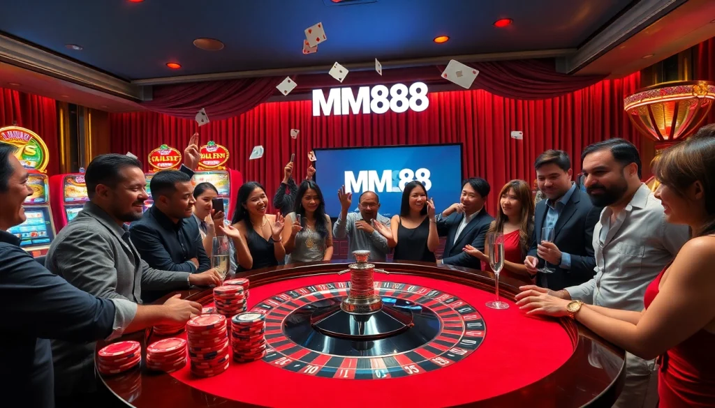 Excited players enjoying the casino atmosphere at Nhà cái MM88 with roulette and slot machines.