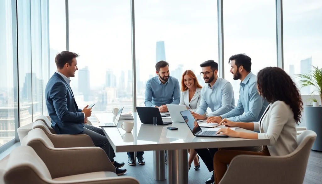 Business professionals collaborating in a dynamic meeting in a modern office.