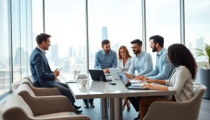 Business professionals collaborating in a dynamic meeting in a modern office.