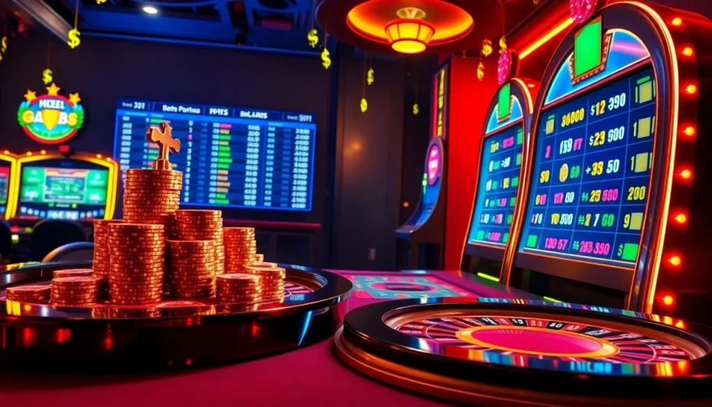 DOLA789 casino scene featuring roulette, poker chips, and sports betting screens, showcasing thrilling gambling action.