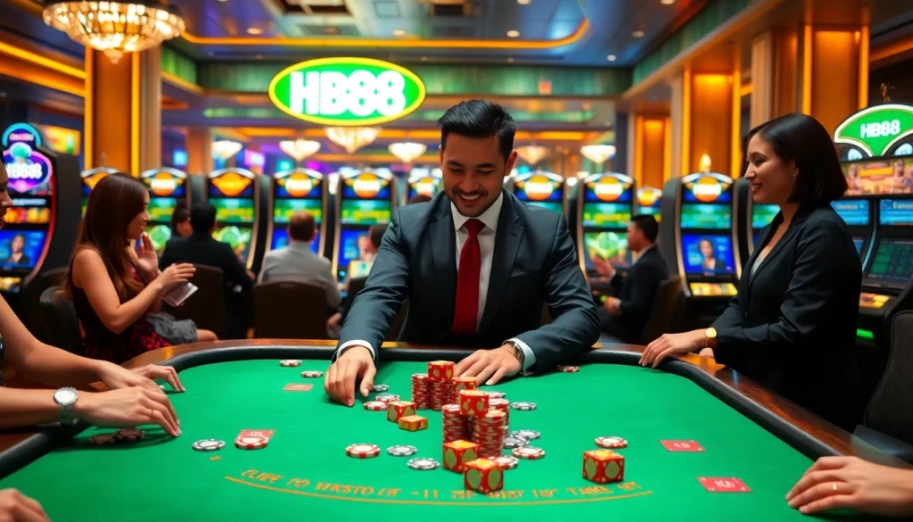 Excited players at a luxurious HB88 casino table enjoy vibrant poker action.