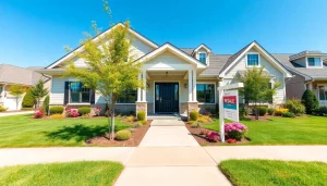 Promote Real Estate listing with a beautiful home and inviting front yard in bright sunlight.