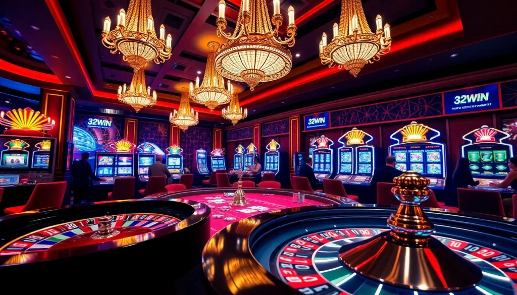 Players strategizing in an elegant casino setting at 32WIN with vibrant gaming tables and exciting atmosphere.