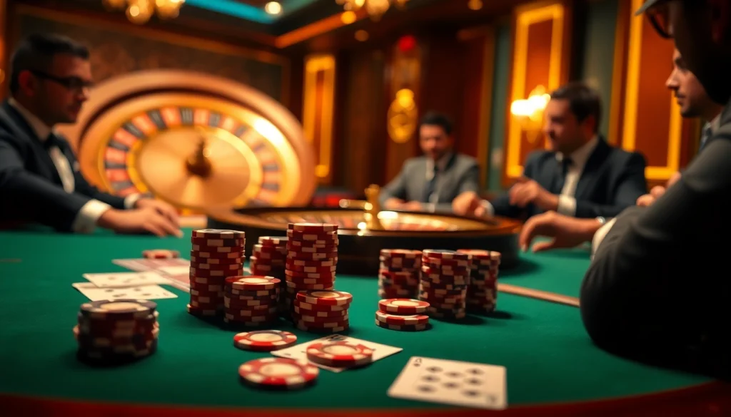 High-stakes poker action at God345 casino featuring glamorous chips and cards.