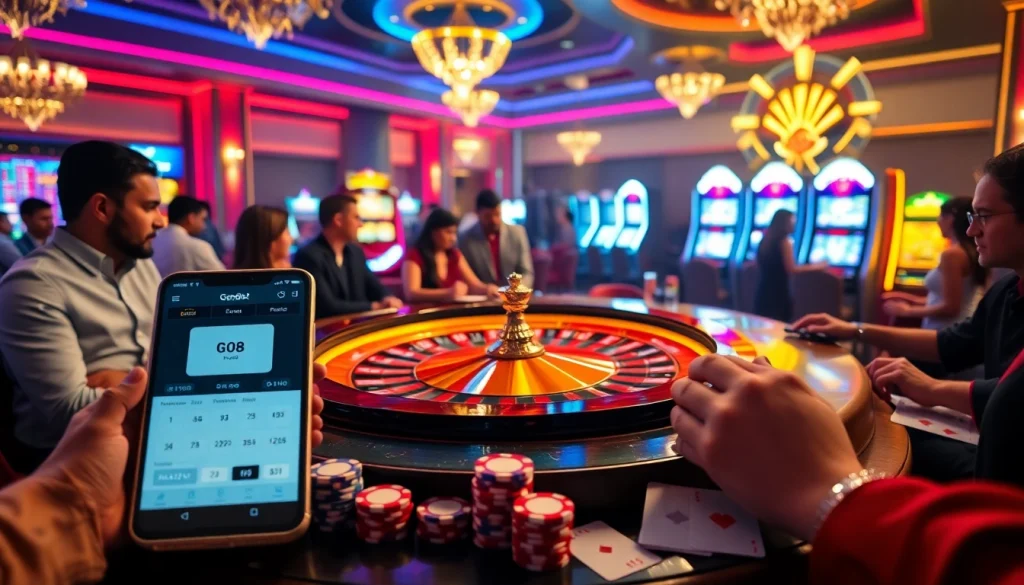 Experience thrilling casino games with https://go8.food/ featuring poker chips, roulette tables, and lively players.