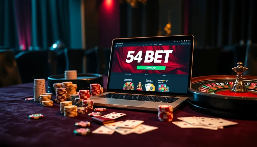 Experience the excitement of placing bets with the 54BET Download platform, surrounded by vibrant casino elements.