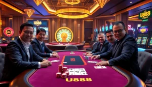 Engage in thrilling poker at U888's luxurious casino table amidst vibrant chips and cards.