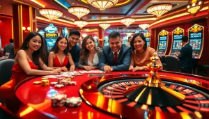 A vibrant casino scene featuring 99win gaming tables with cards and chips surrounded by excited gamblers.