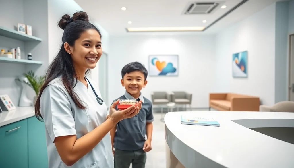 Welcoming dental clinic in Cheras showcasing orthodontic braces with a friendly assistant.