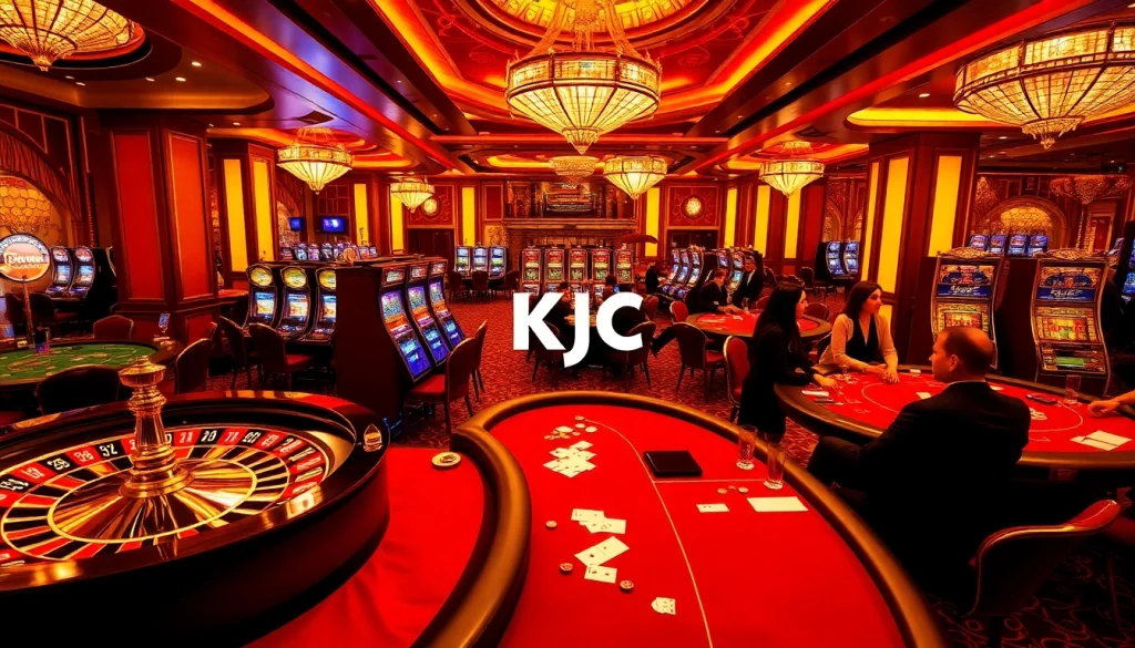 KJC players engaging in high-stakes casino games, showcasing roulette and blackjack excitement.