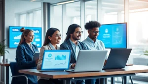 Business professionals using Scotia Connect for secure financial reporting and payments in a modern office.