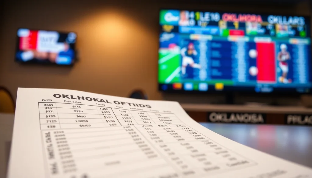 Analyze sports betting in Oklahoma through a betting slip in a vibrant office setting.