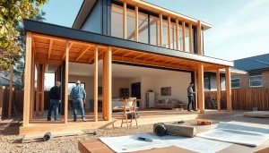 House extension construction process with builders framing a two-storey addition in Melbourne.