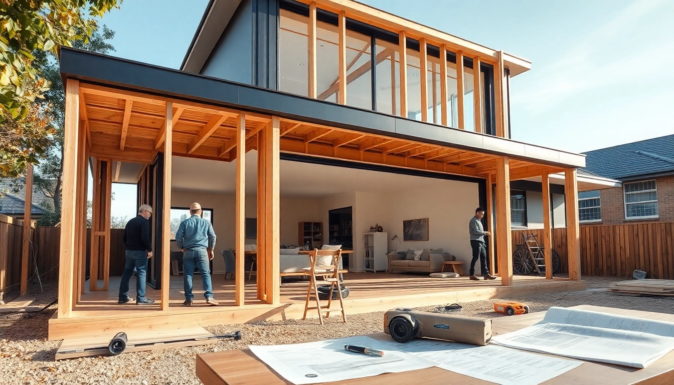 House extension construction process with builders framing a two-storey addition in Melbourne.