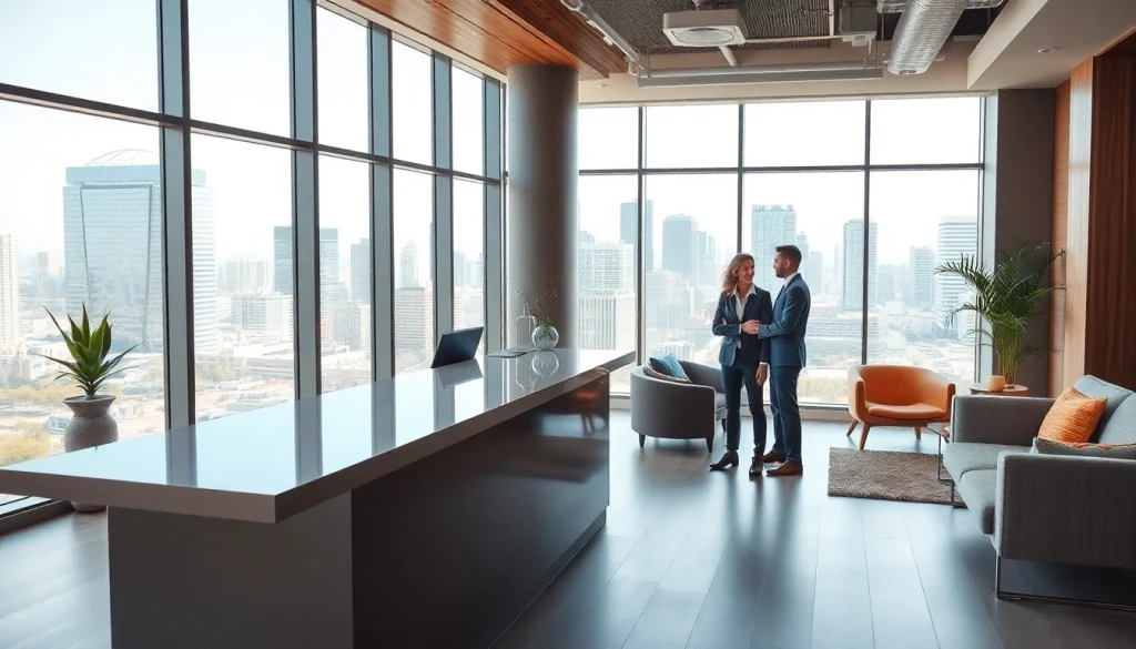 Engaging Real Estate office scene showcasing professionalism and modern design in a warm atmosphere.