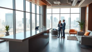 Engaging Real Estate office scene showcasing professionalism and modern design in a warm atmosphere.