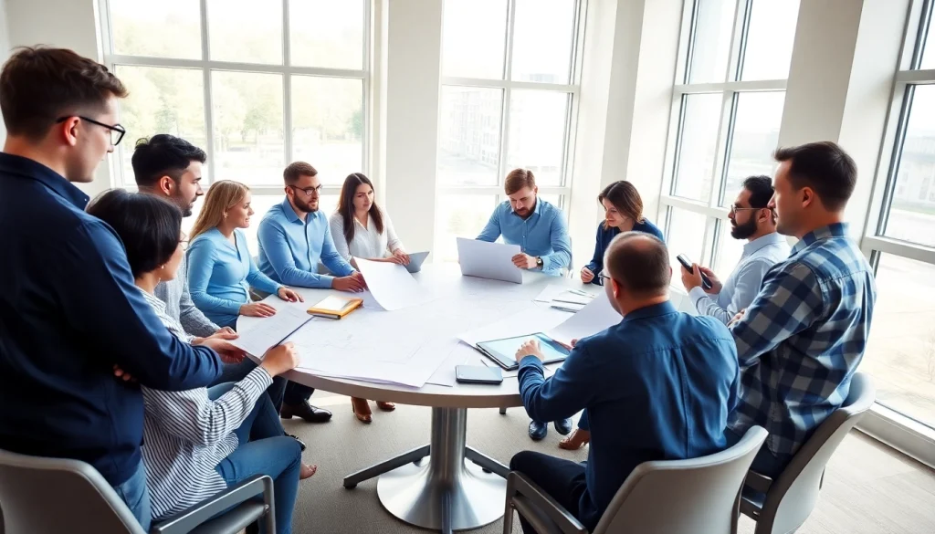 Engaged professionals in a construction association North Carolina meeting discussing plans.