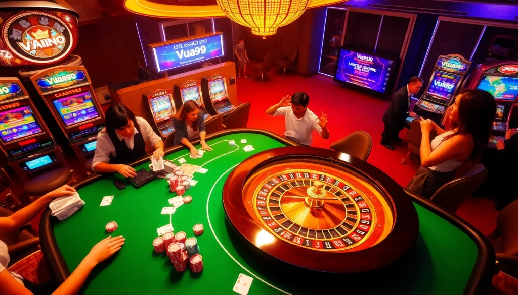Vua99 casino players engaging in lively games at a vibrant casino table, creating an exciting atmosphere.