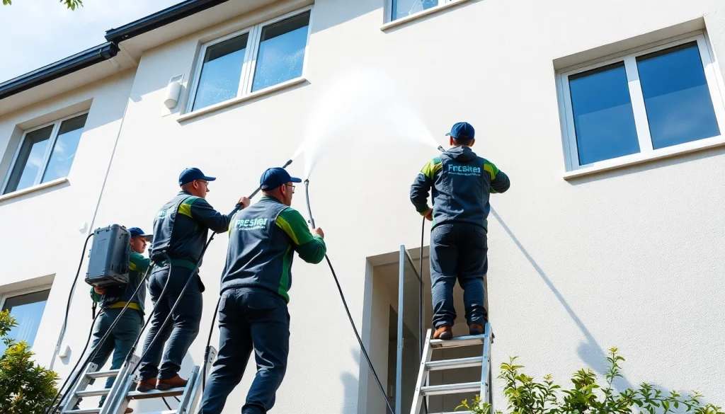 Strokovna storitev čiščenja fasad, odstranjevanje alg z pranjem z nizkim tlakom.