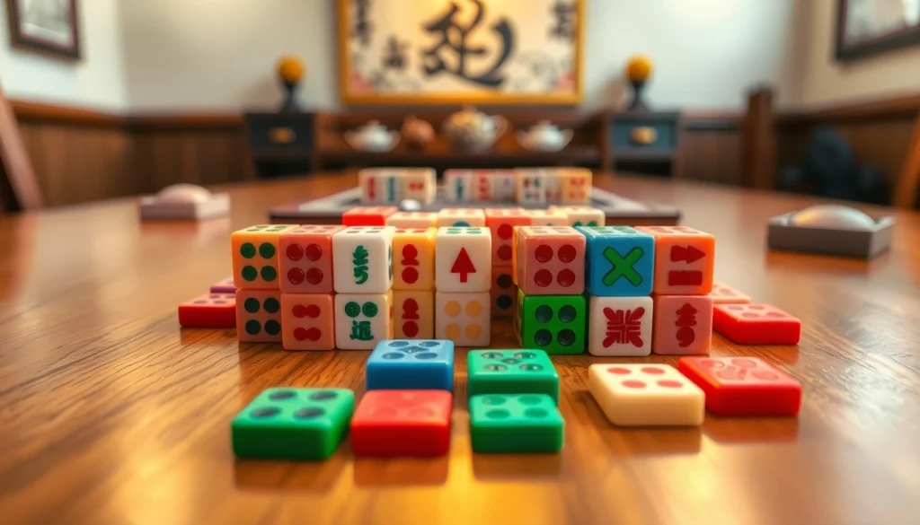 Mahjong dari ubin berwarna-warni yang disusun di meja kayu.