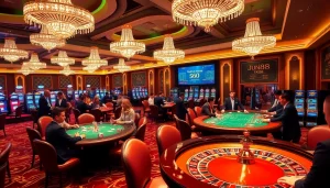 Experience the excitement of JUN88 with a luxurious casino setting featuring poker tables and vibrant slot machines.