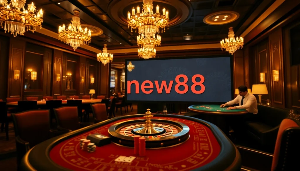 Captivating casino action at trang chủ new88 with players enjoying poker, roulette, and blackjack in a luxurious setting.