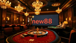 Captivating casino action at trang chủ new88 with players enjoying poker, roulette, and blackjack in a luxurious setting.