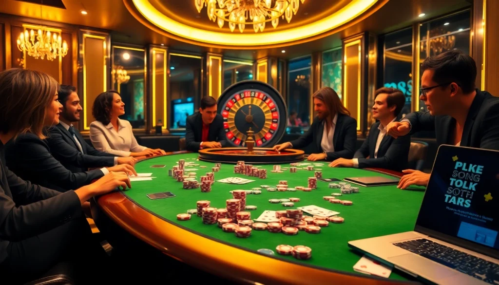 Engage in thrilling poker games at m88zo.com with a luxurious casino atmosphere featuring vibrant chips and cards.