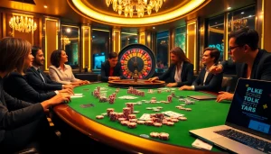 Engage in thrilling poker games at m88zo.com with a luxurious casino atmosphere featuring vibrant chips and cards.