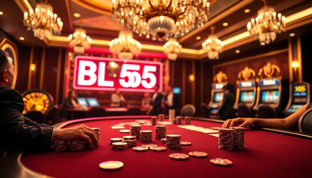 Intense poker action at a luxurious casino featured with BL555 branding and elegant décor.
