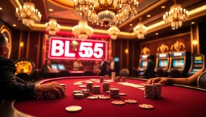 Intense poker action at a luxurious casino featured with BL555 branding and elegant décor.