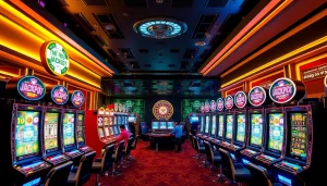 Play exciting Nổ Hũ jackpot slots with vibrant graphics and engaging atmosphere in a luxurious casino setting.