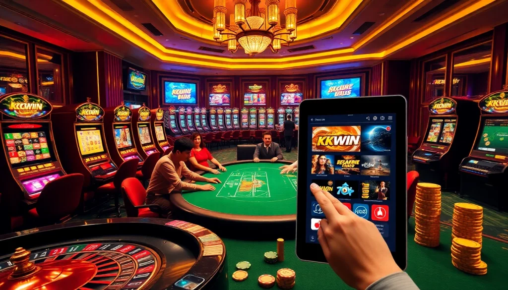 Experience the thrill of kkwin.in with vibrant casino games and players at a high-stakes poker table.