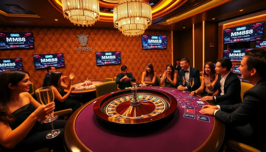 Players enjoying a thrilling game at MM88 casino, featuring poker chips and a roulette wheel.