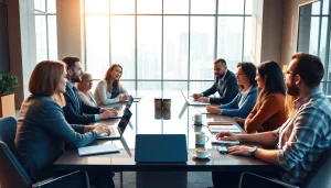 Engaging business meeting showcasing teamwork and collaboration in a vibrant office.