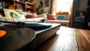 Showcase vinyl records on a vintage player in a cozy, sunlit room with colorful album covers.