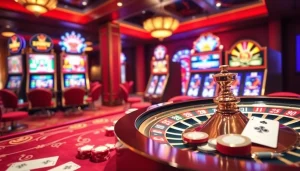 Experience high-stakes gaming excitement at king88 casino with vibrant poker tables and roulette wheels.