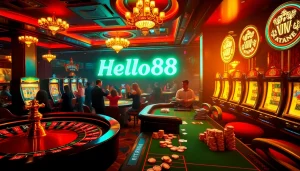 Hello88 neon sign illuminating a lavish casino scene with players at poker tables and slot machines.