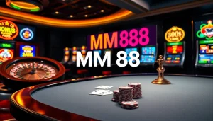 Experience the thrill of MM88 at a luxurious casino with poker chips and a roulette wheel.
